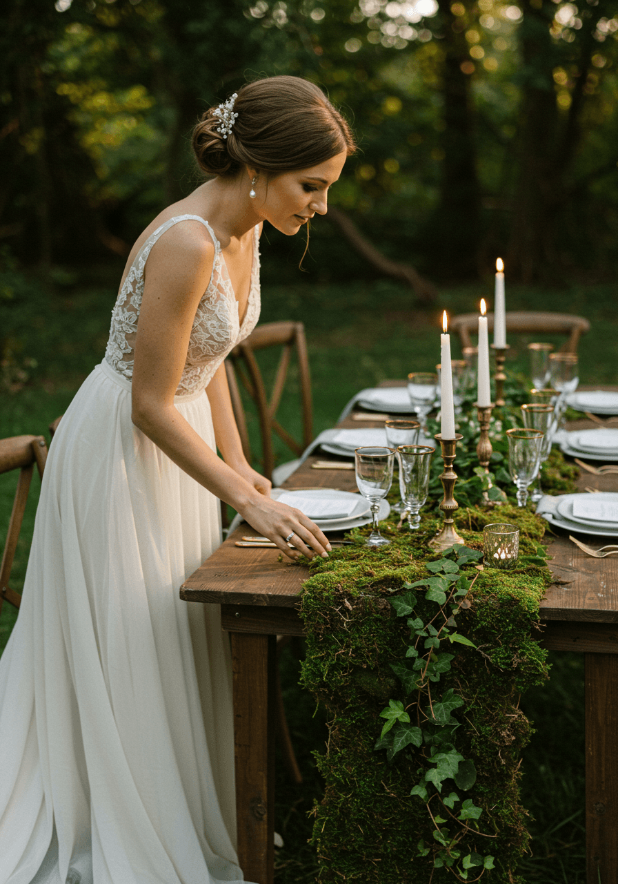 Bride examining moss-covered table with antique brass flatware and crystal stemware in forest setting