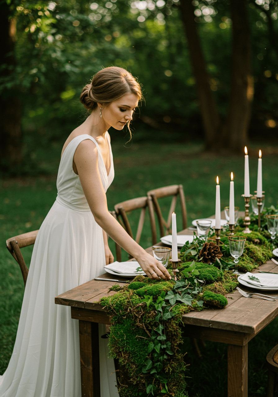 Bride in ivory chiffon gown touching moss table runner beside elegantly set woodland reception table
