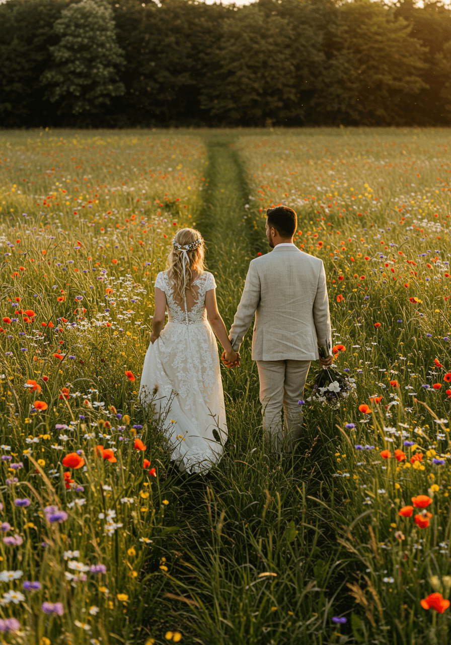 Couple walking hand-in-hand through wildflower meadow with daisies and poppies