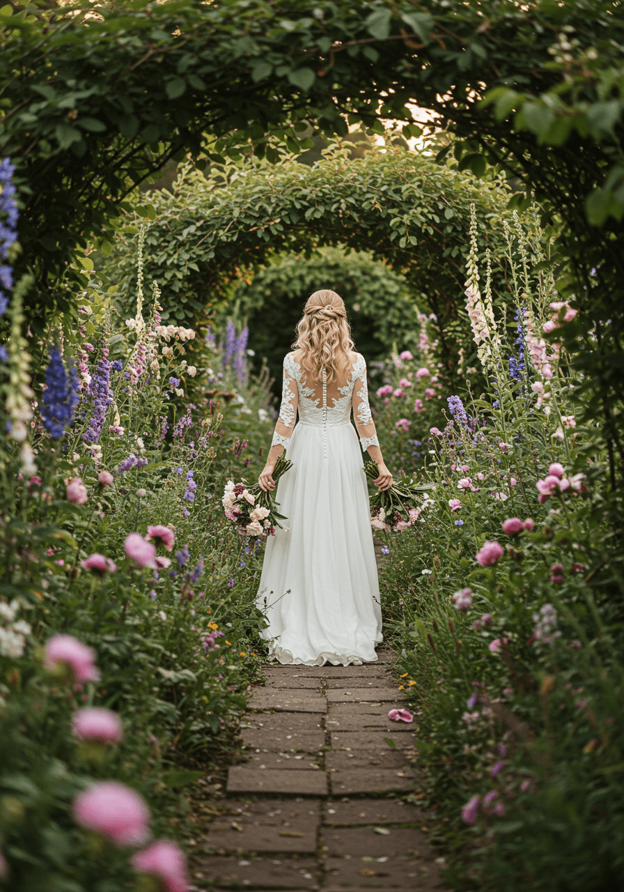 Bride in bohemian lace wedding dress walking through wild cottage garden with peonies and foxgloves during golden hour