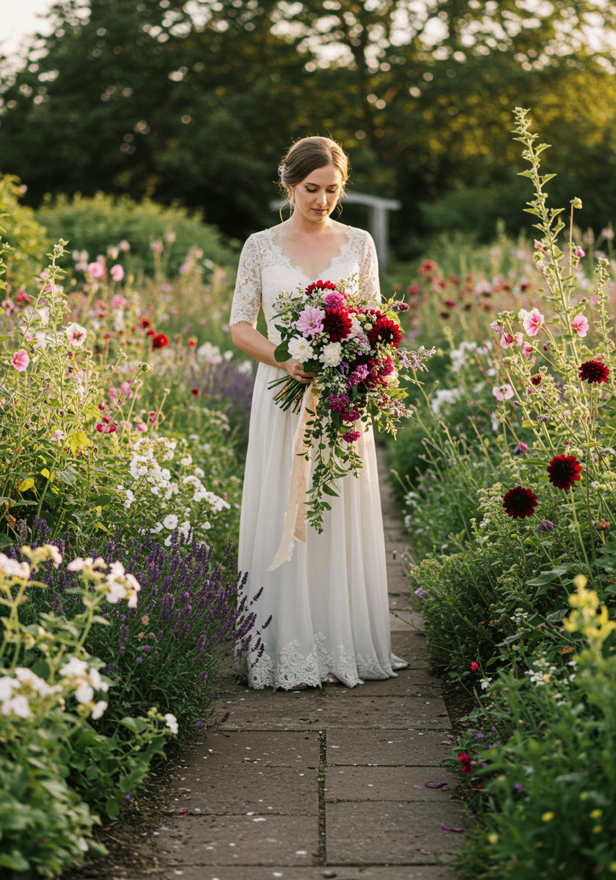 Bride with cascading bouquet walking garden path lined with summer perennial blooms