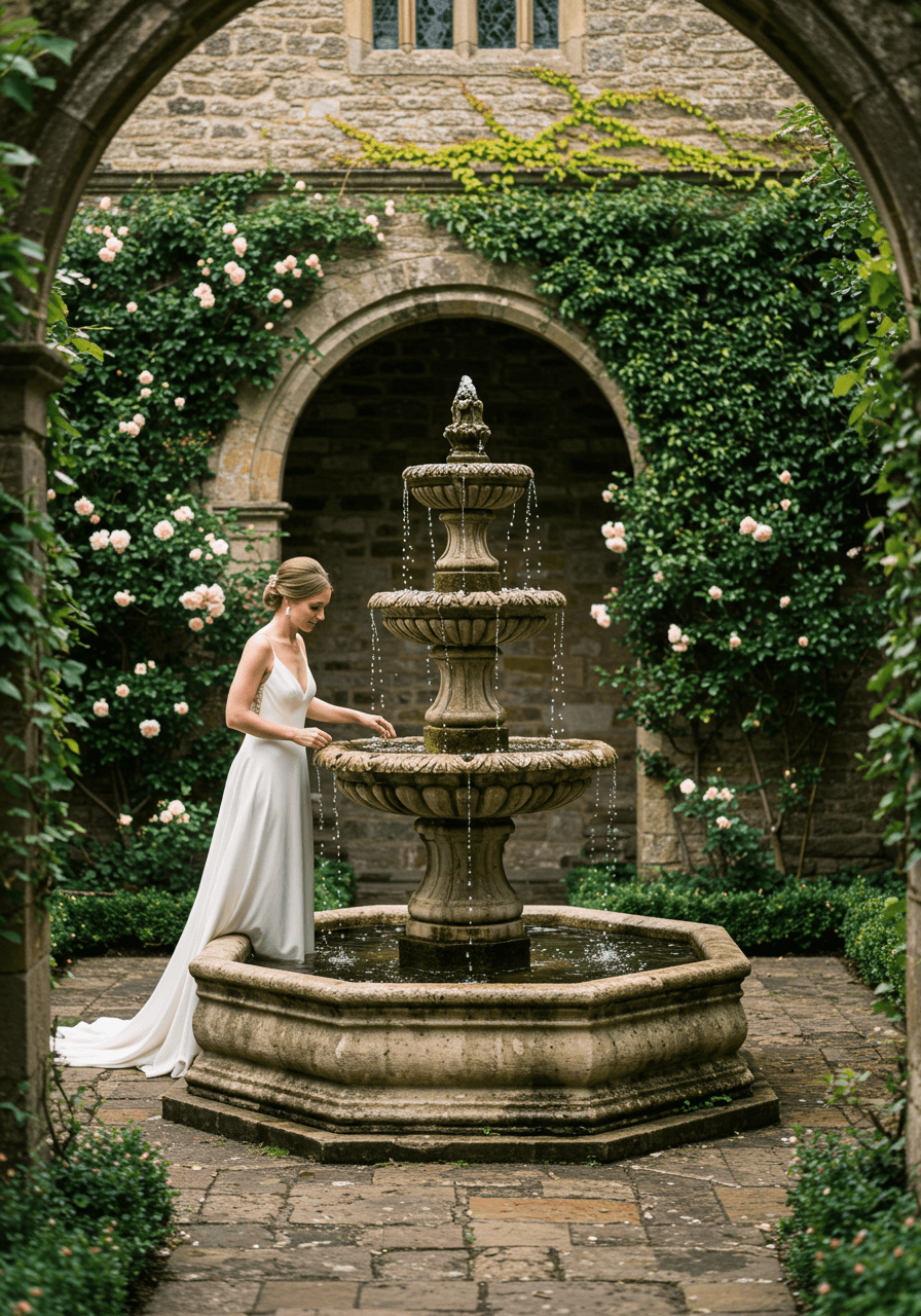 Elegant bride touching water at multi-tiered stone fountain in garden courtyard