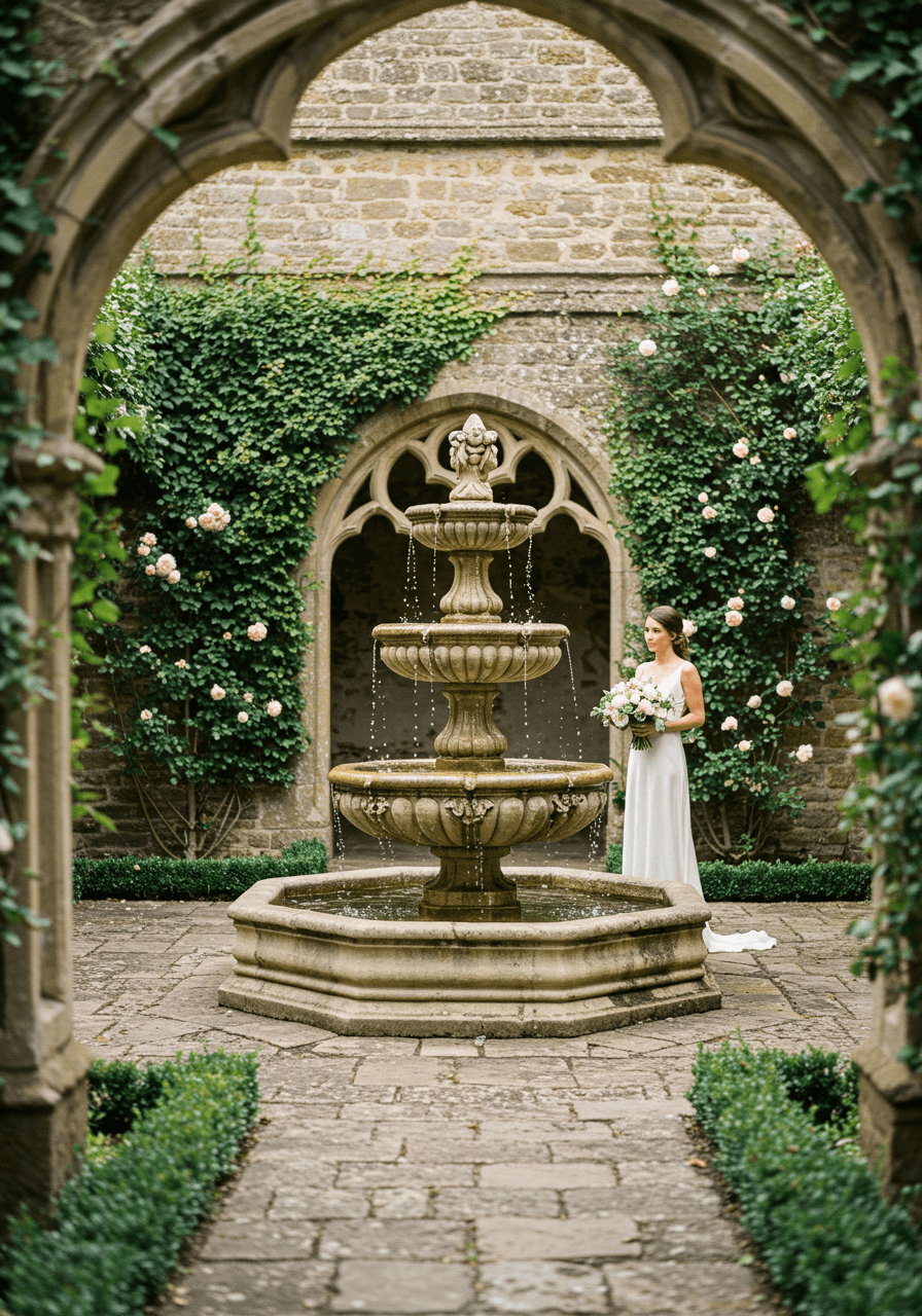 Bride in white gown beside ornate stone fountain in ivy-covered courtyard