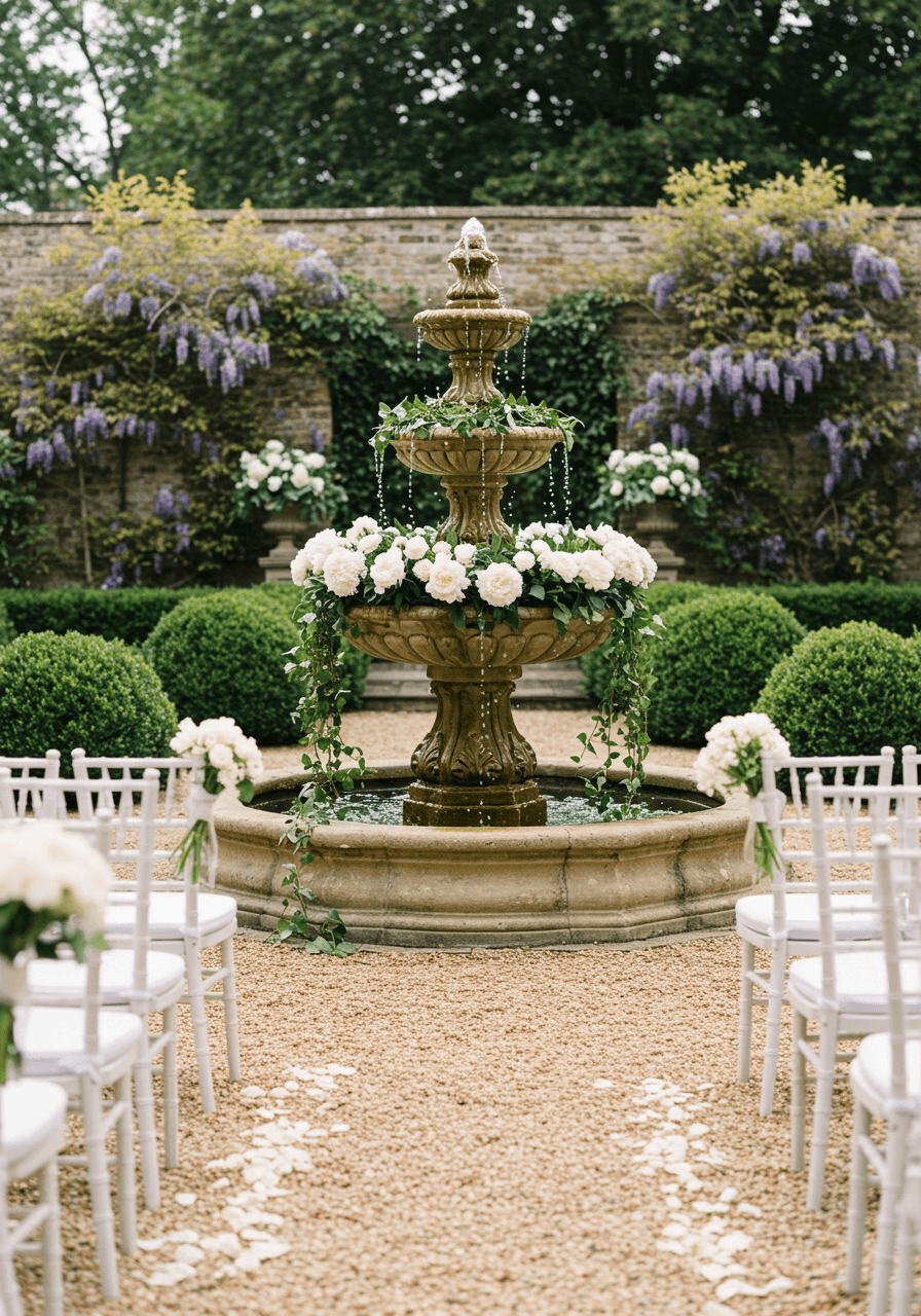 Intimate ceremony chairs arranged around tiered fountain in secluded garden