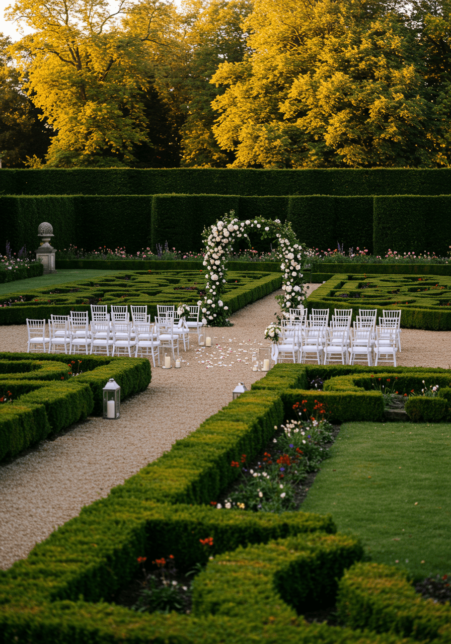 Grand formal garden ceremony with geometric hedgerows and floral arch