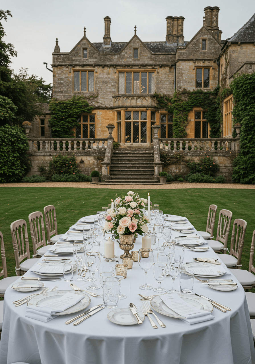Wide view of outdoor reception setup on stately manor house grounds