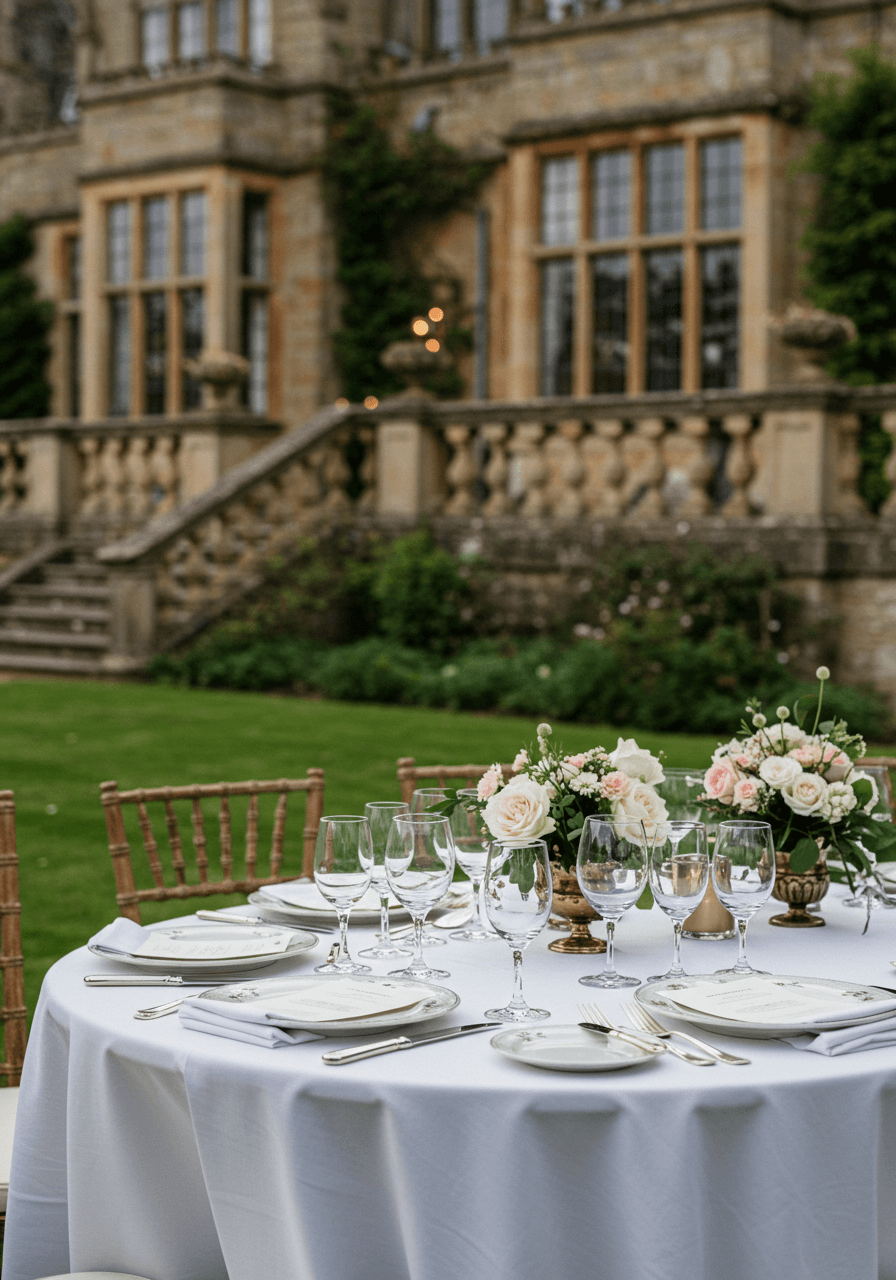 Elegant reception table with fine china on English country manor lawn