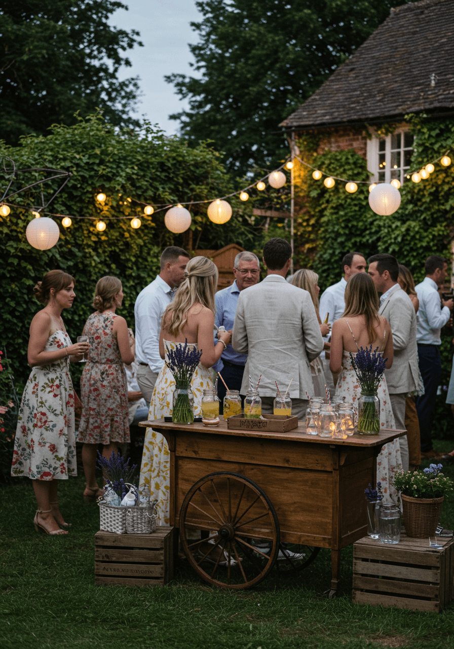 Vintage wooden bar cart with mason jar cocktails in cottage garden with fairy lights