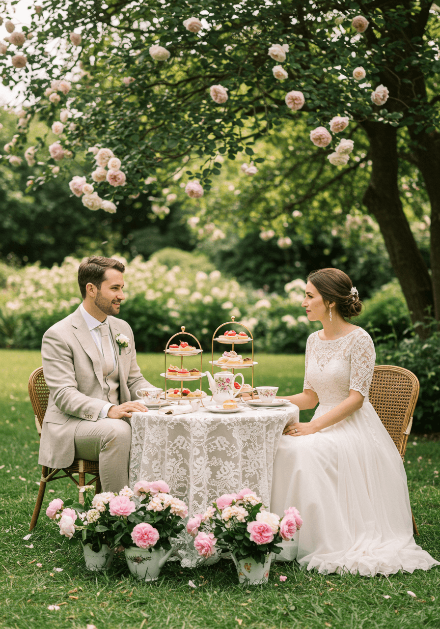 Bride and groom sharing afternoon tea at vintage table in blooming English garden