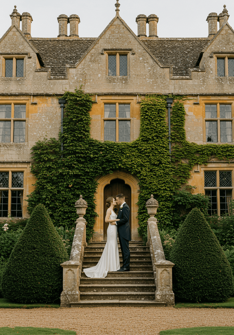 Bride and groom on stone steps of English manor house during golden hour