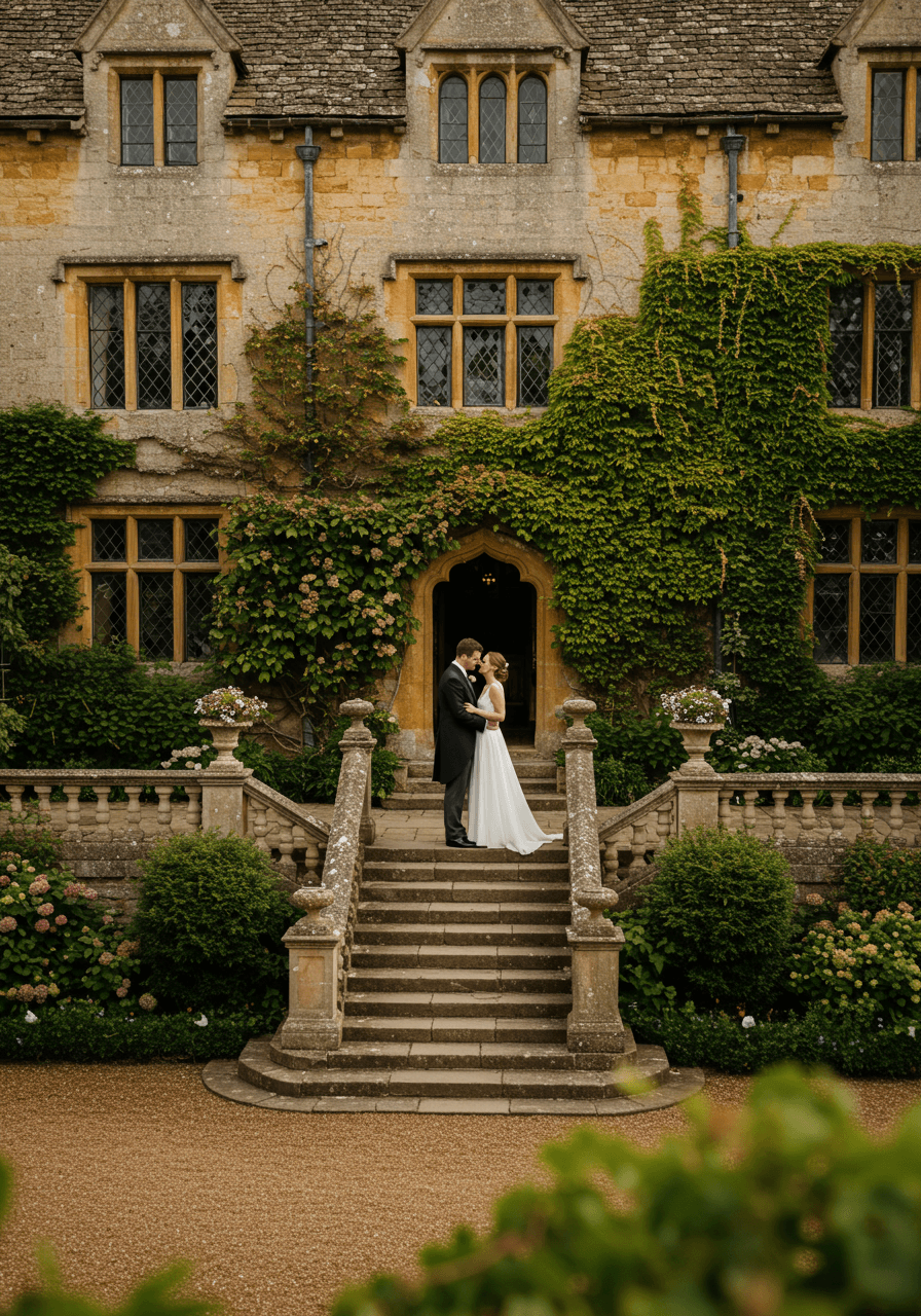 Intimate couple moment at centuries-old Cotswold manor with climbing ivy