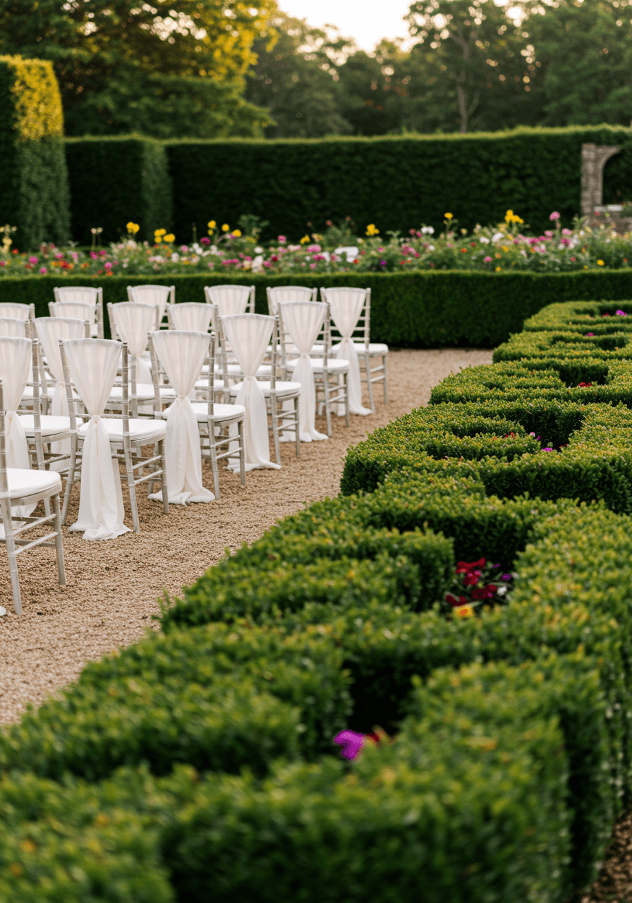 Ivory ceremony chairs arranged in formal parterre garden during golden hour
