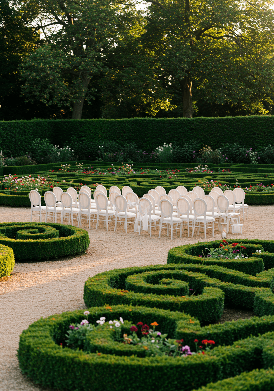 Wedding ceremony chairs in geometric parterre garden with boxwood hedge patterns