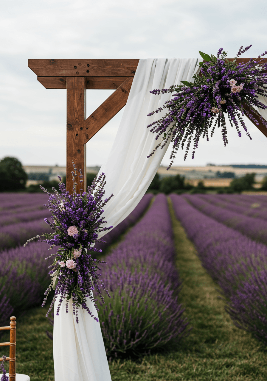 Close-up of rustic wedding arch adorned with fresh lavender sprays