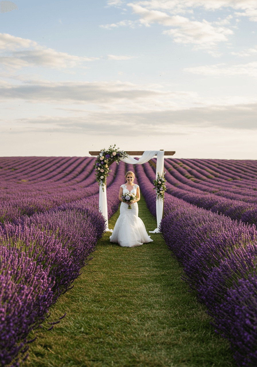 Bride walking down lavender-lined aisle toward rustic wooden ceremony arch