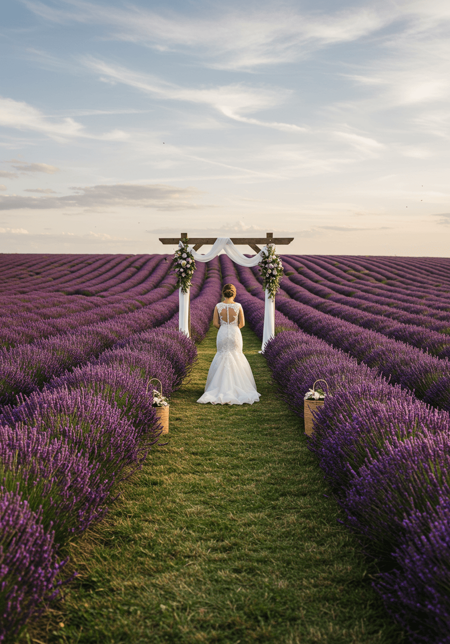Bride pausing in expansive English lavender field during golden hour