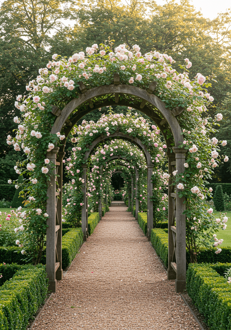 Wide view of rose-covered pergola structure in classic English garden with morning light