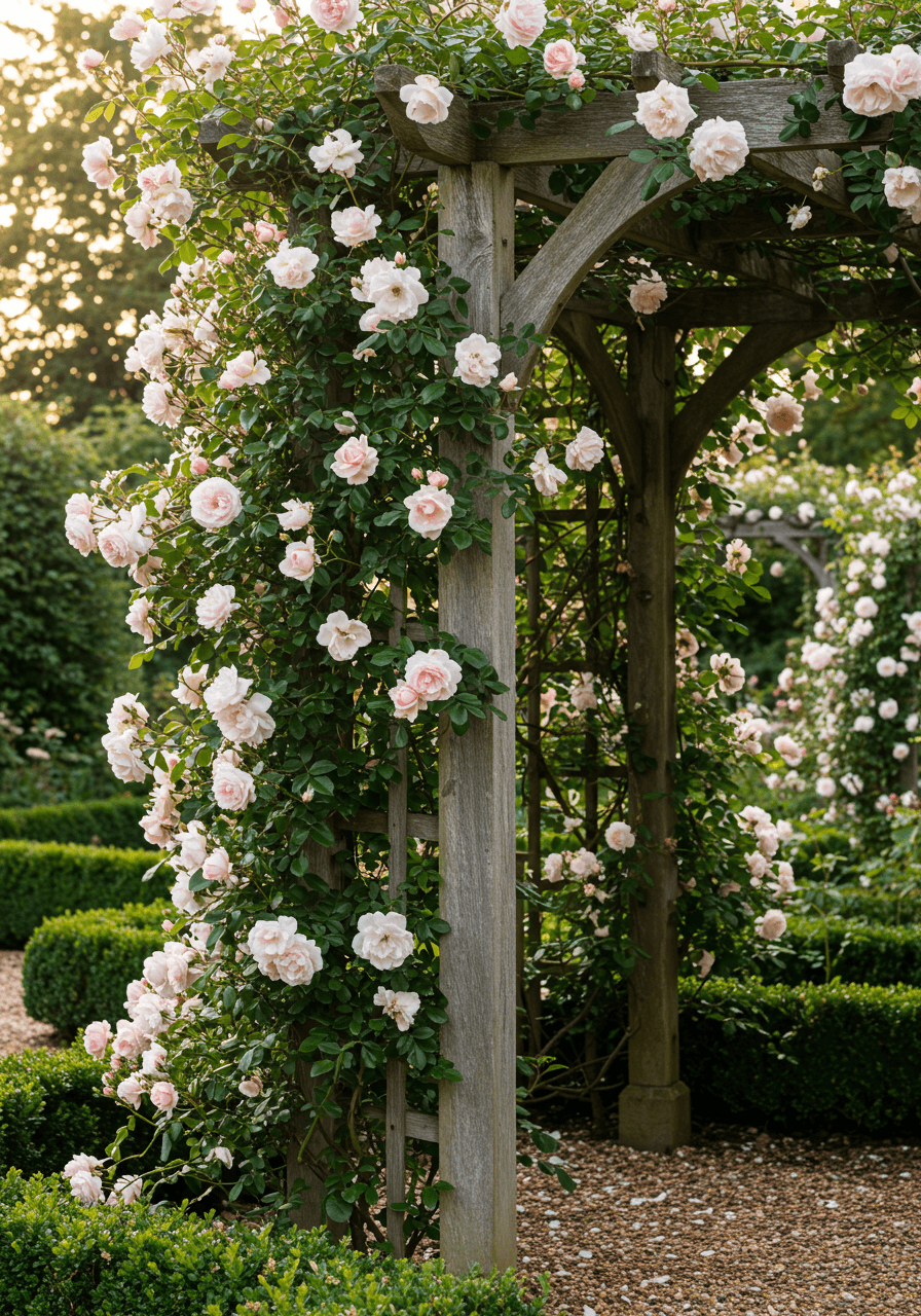 Ornate wooden arbor covered in abundant white and pink climbing roses in English garden