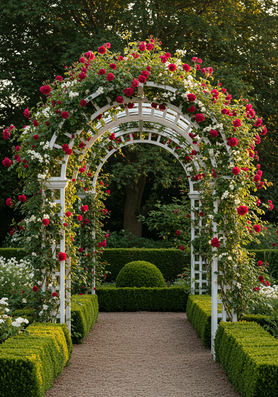 White lattice garden arbor enveloped in deep red roses and white jasmine