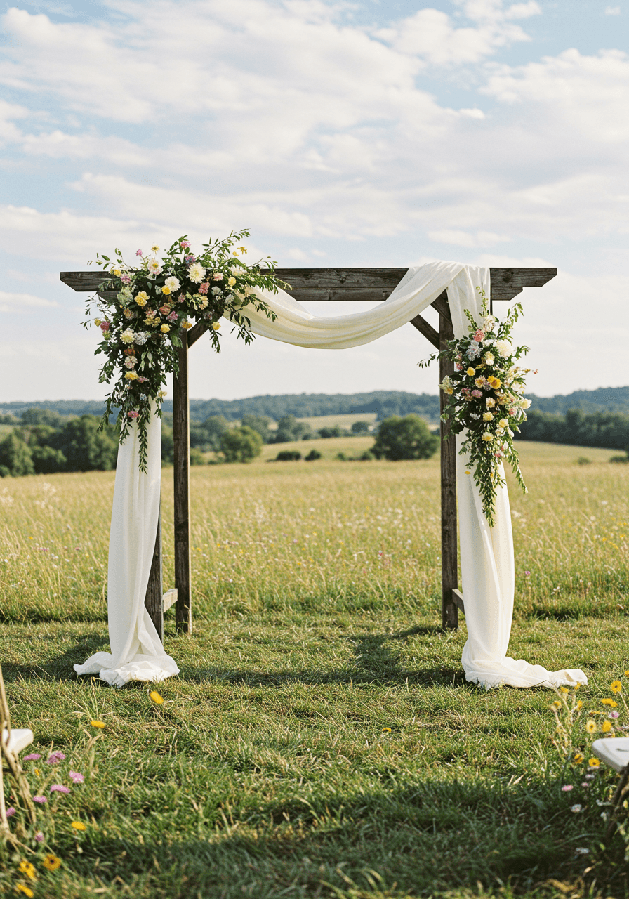 Rustic wooden arch with wildflowers in open meadow countryside setting
