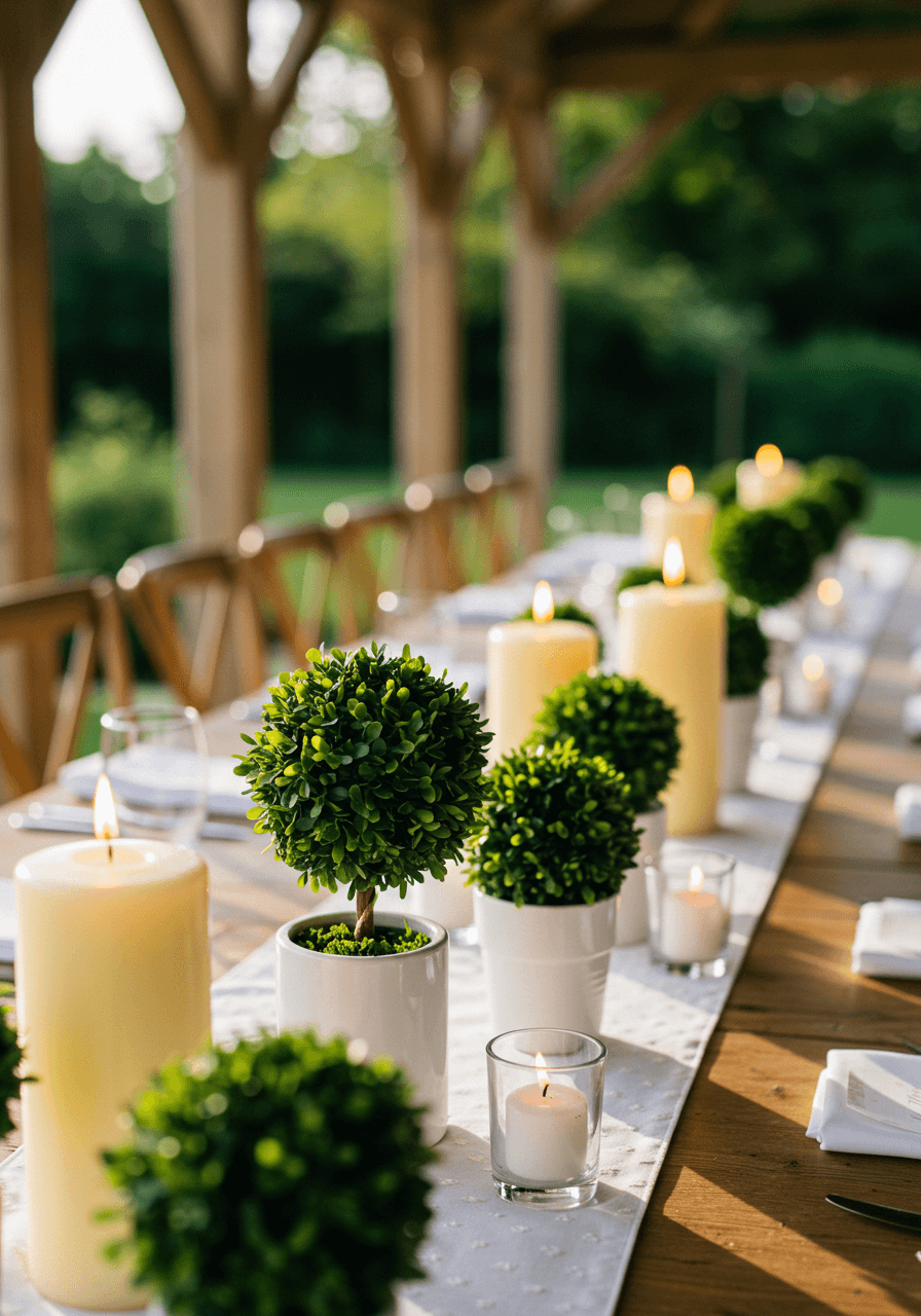 Miniature boxwood topiary centerpieces with ivory candles on farm table reception