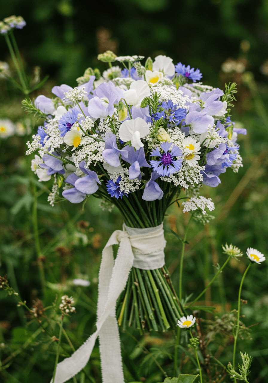 Close-up of wild garden bridal bouquet with sweet peas, cornflowers and Queen Anne's lace in morning light