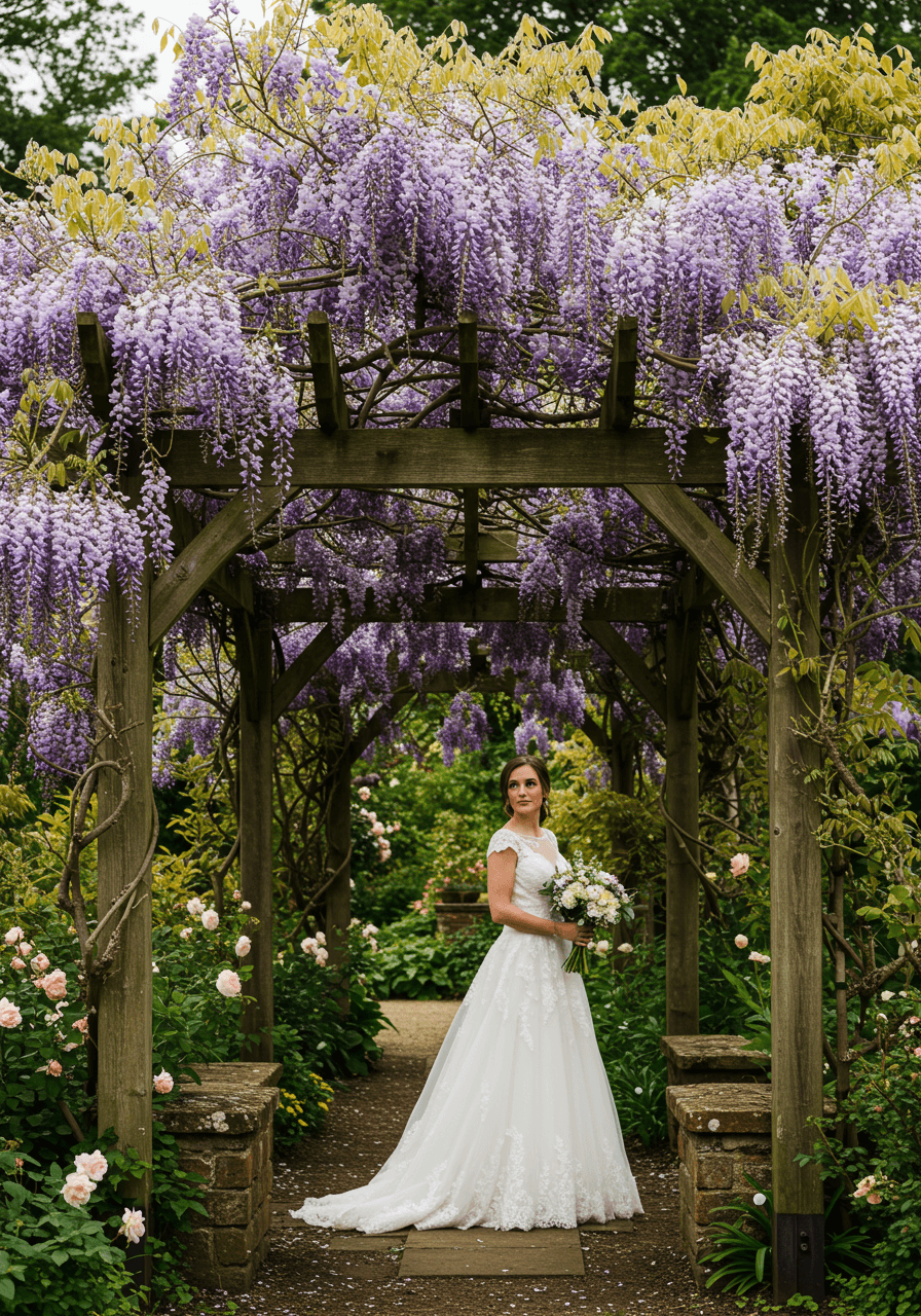 Bride in flowing white gown under purple wisteria-covered pergola in English garden