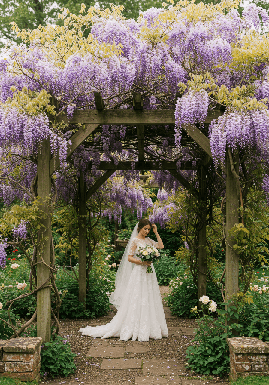 Bride adjusting veil beneath cascading wisteria blooms in morning garden light