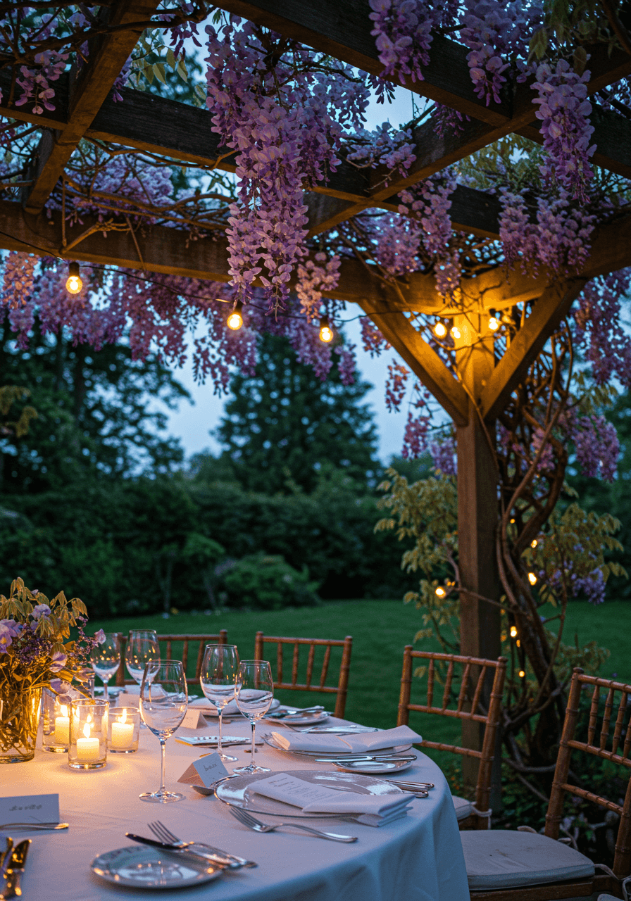 Wedding reception table setting under wisteria pergola during blue hour twilight