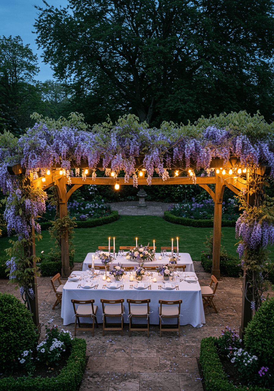 Aerial view of elegant dining beneath wisteria-draped pergola with string lights