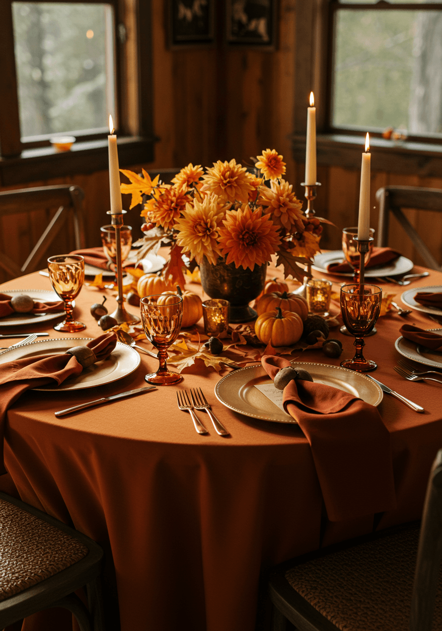 Close-up of round dining table set with burnt orange napkins, copper candlesticks, mini pumpkins, and orange dahlia centerpiece