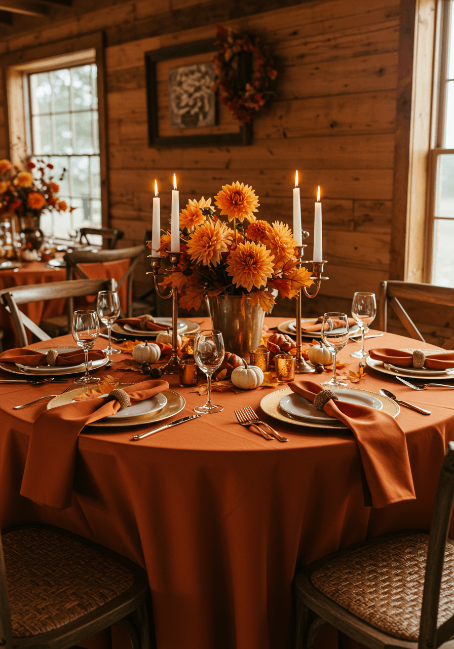 Autumn wedding table with burnt orange linens, golden charger plates, and maple leaf centerpieces in rustic farmhouse dining room