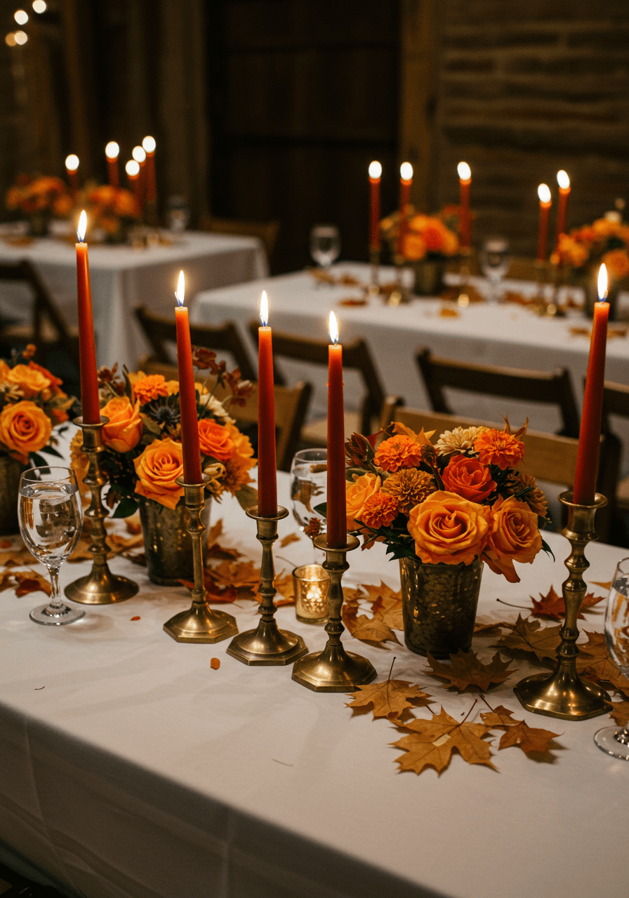Overhead view of brass candlestick arrangement with burnt orange tapers and marigold centerpiece on white linen tablecloth