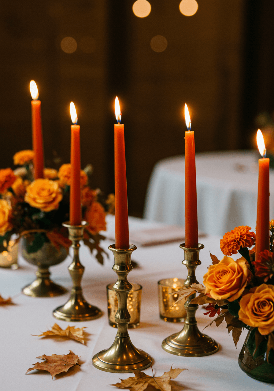 Elegant burnt orange taper candles in brass candlesticks surrounded by autumn foliage on white linen reception table in barn venue