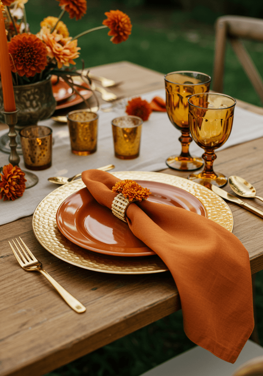 Close-up of wedding place setting with hammered gold charger plate and burnt orange ceramic dinnerware on wooden farm table with dried orange florals