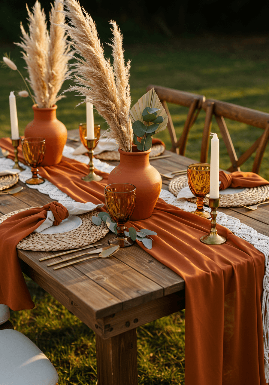 Low-angle view of bohemian wedding tablescape with terracotta pottery, woven placemats, and flowing fabric draping on reclaimed wood table