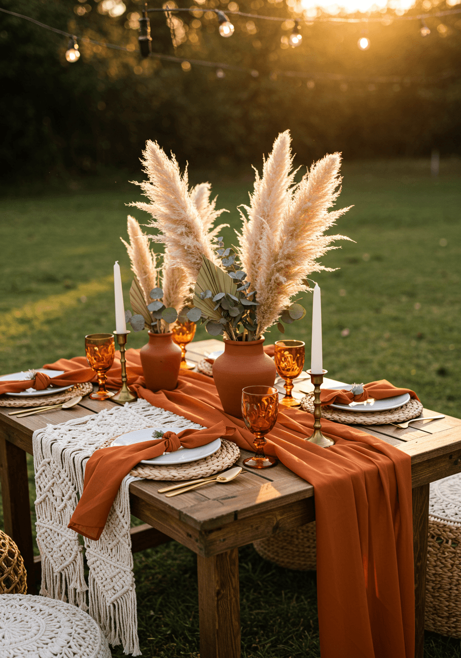 Boho garden wedding table with burnt orange runner, dried pampas grass centerpieces, and macramé table accents during golden hour