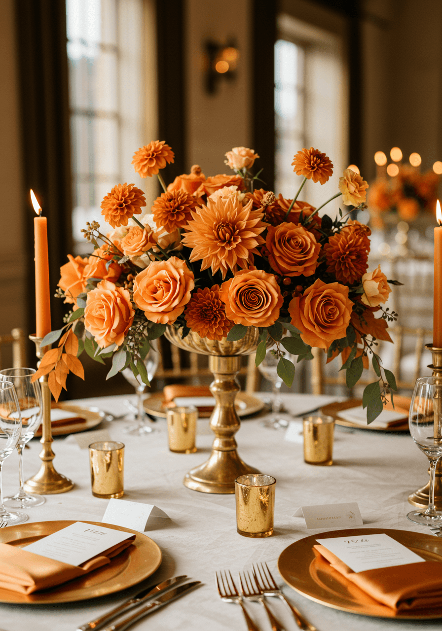 Stunning burnt orange floral centerpiece with autumn roses and dahlias in gold mercury glass vase during golden hour