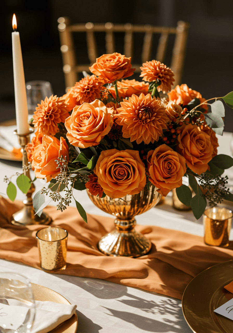 Overhead view of elegant wedding table centerpiece featuring burnt orange blooms in mercury glass with gold charger plates and ivory linens