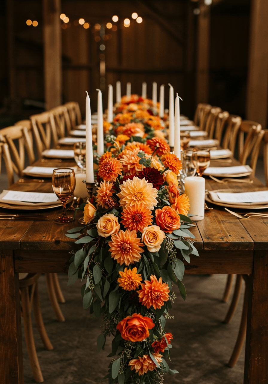Elegant barn wedding table with lush burnt orange floral runner featuring cascading dahlias, roses, and marigolds with cream candles during golden hour