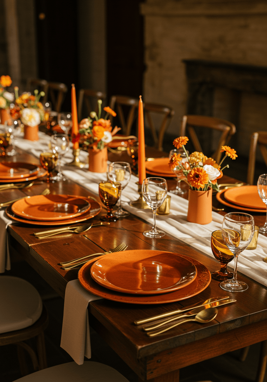 Collection of burnt orange charger plates in various textures and finishes arranged as tablescape on mahogany dining table with brass cutlery