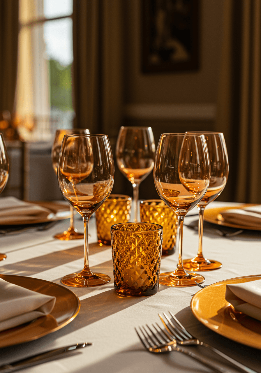 Elegant burnt orange crystal wine glasses and amber glass votive holders arranged on white linen with gold charger plates during golden hour