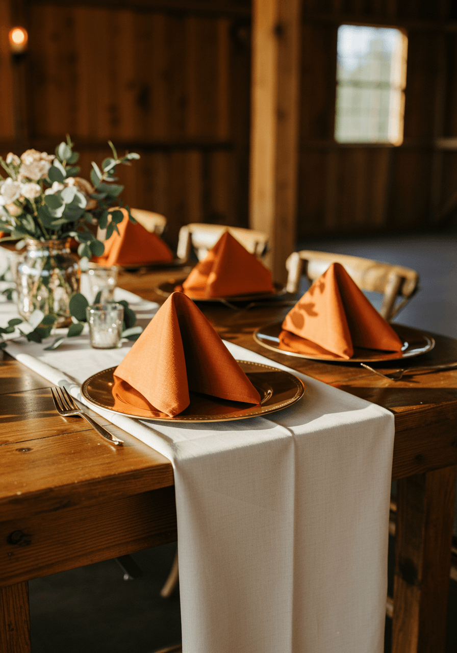Burnt orange linen napkins folded in pyramid shapes alongside cream table runners on rustic farmhouse table in barn venue during golden hour