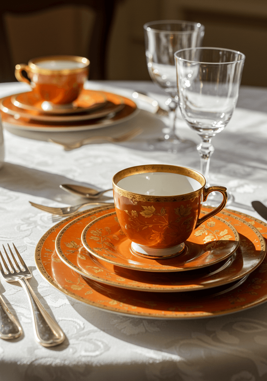 Close-up of burnt orange fine china place setting with gold rim details and matching teacup on white damask tablecloth in formal dining room