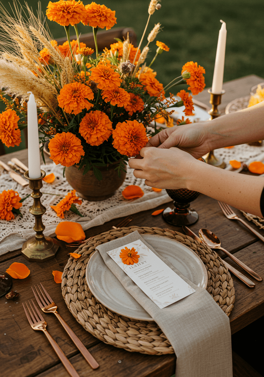Hands arranging burnt orange marigolds and dried wheat stalks in wooden bowl centerpiece with vintage brass candlesticks on reclaimed wood table