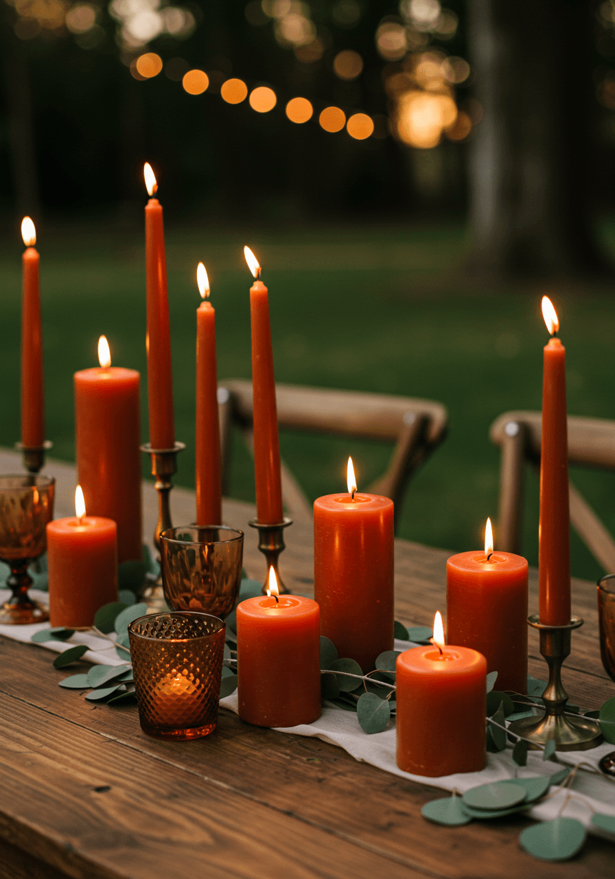 Collection of burnt orange pillar candles in varying heights arranged on rustic wooden wedding table during golden hour with eucalyptus greenery