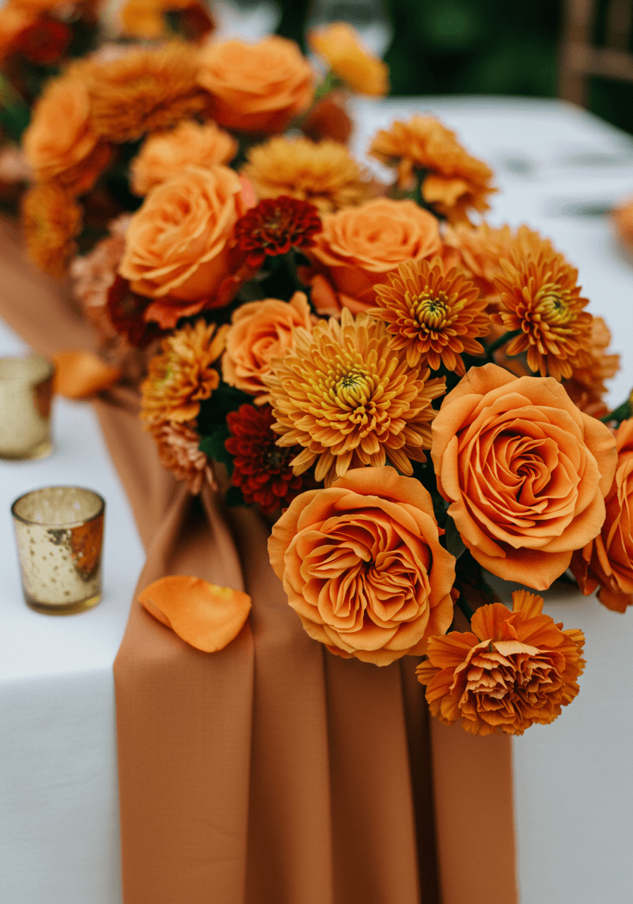 Close-up of intertwined burnt orange garden roses, chrysanthemums, and carnations arranged in flowing table runner on white linen