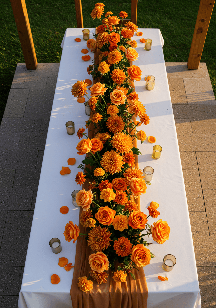 Aerial view of elegant floral table runner with burnt orange roses and scattered gold votives on ivory table linens in outdoor pavilion