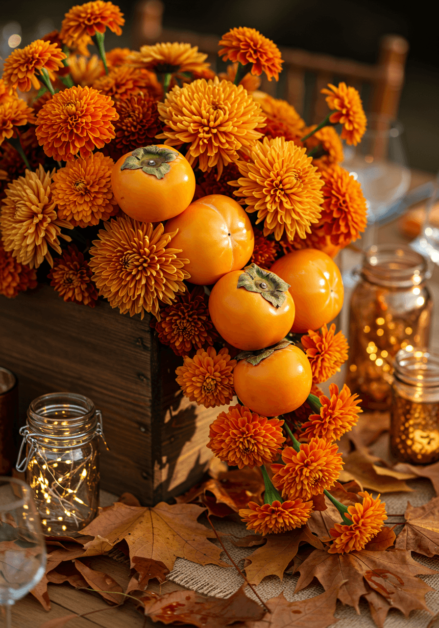 Elaborate burnt orange centerpiece with cascading marigolds, persimmons, and chrysanthemums spilling from rustic wooden box surrounded by autumn leaves