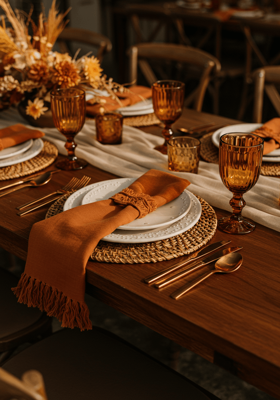 Textured burnt orange tablescape with woven rattan chargers, matte ceramic dinnerware, and hammered copper flatware on mahogany table